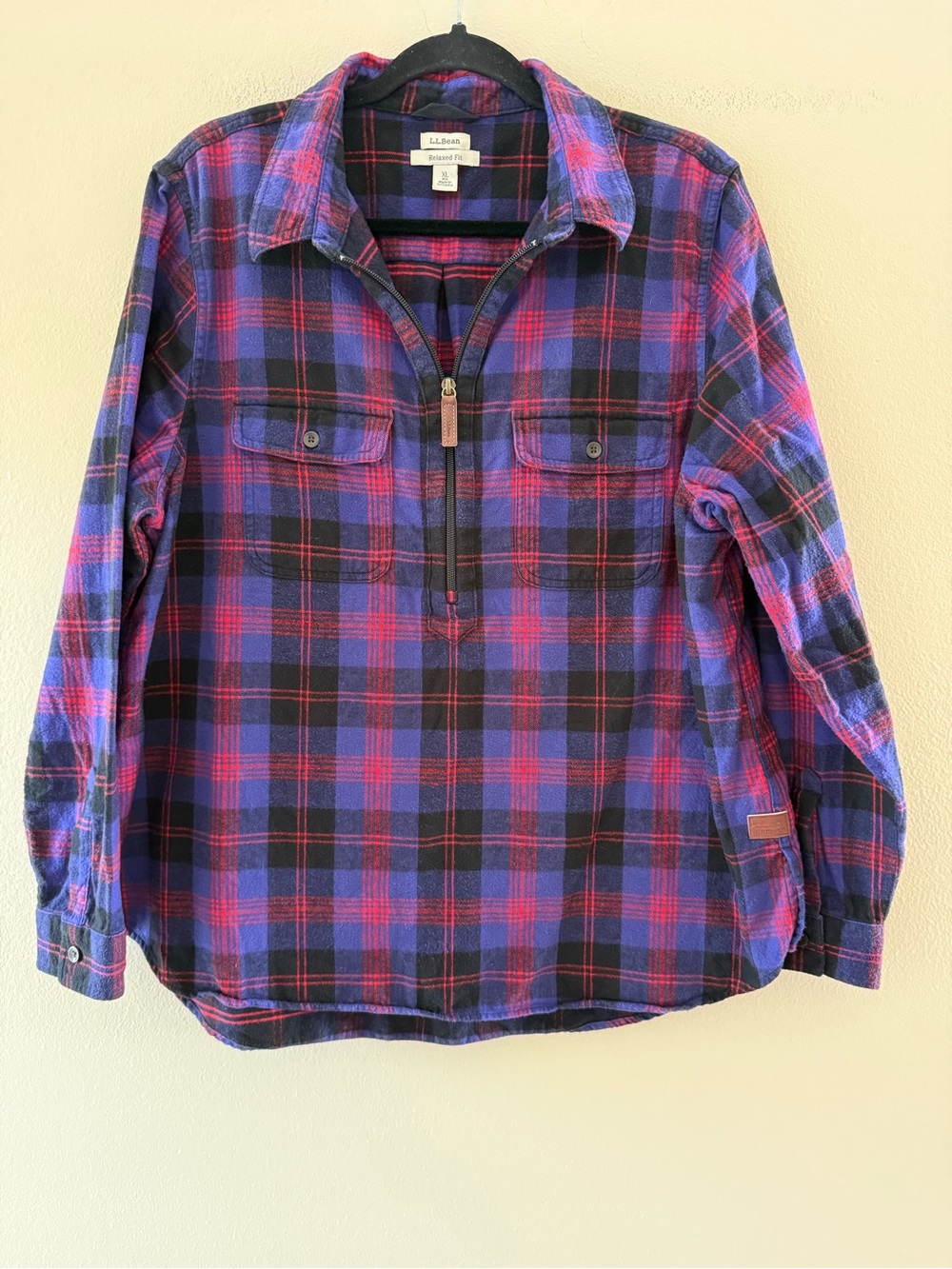 L.L. Bean Women’s Purple and Pink Plaid Half-Zip Flannel Shirt